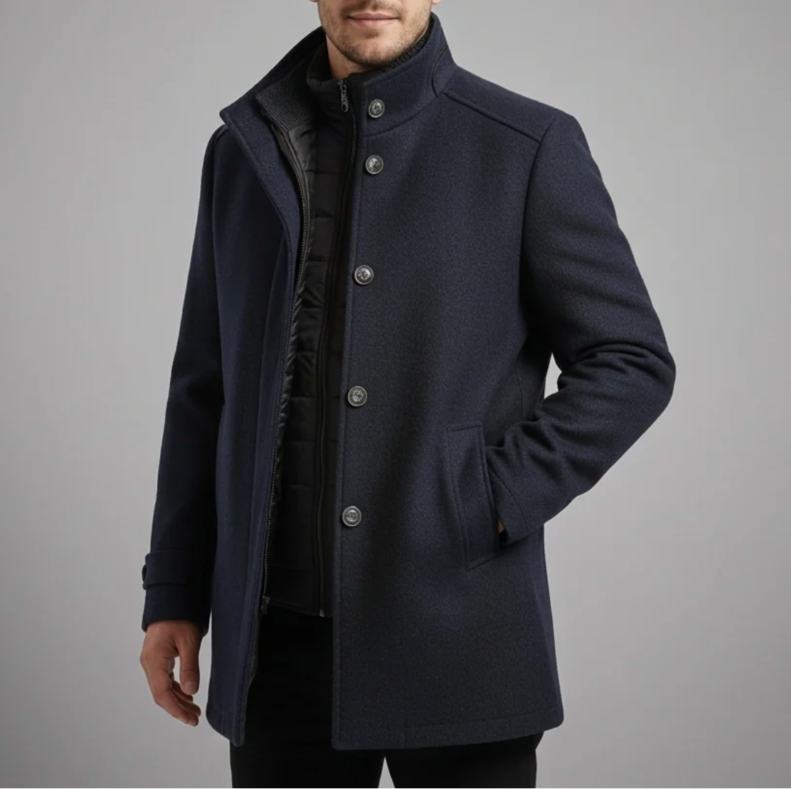 Caspian | Men's Wool-Blend Stand Collar Coat with Removable Padded Vest
