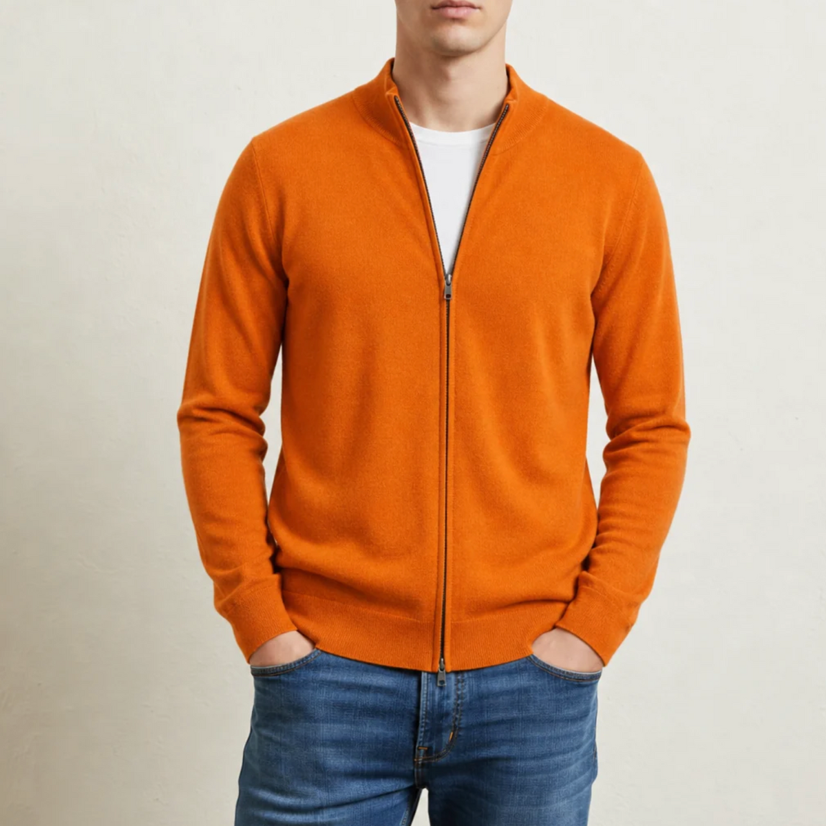 Leandro | Men's Cashmere Blend Zip Cardigan with Ribbed Stand Collar & Fine-Gauge Knit