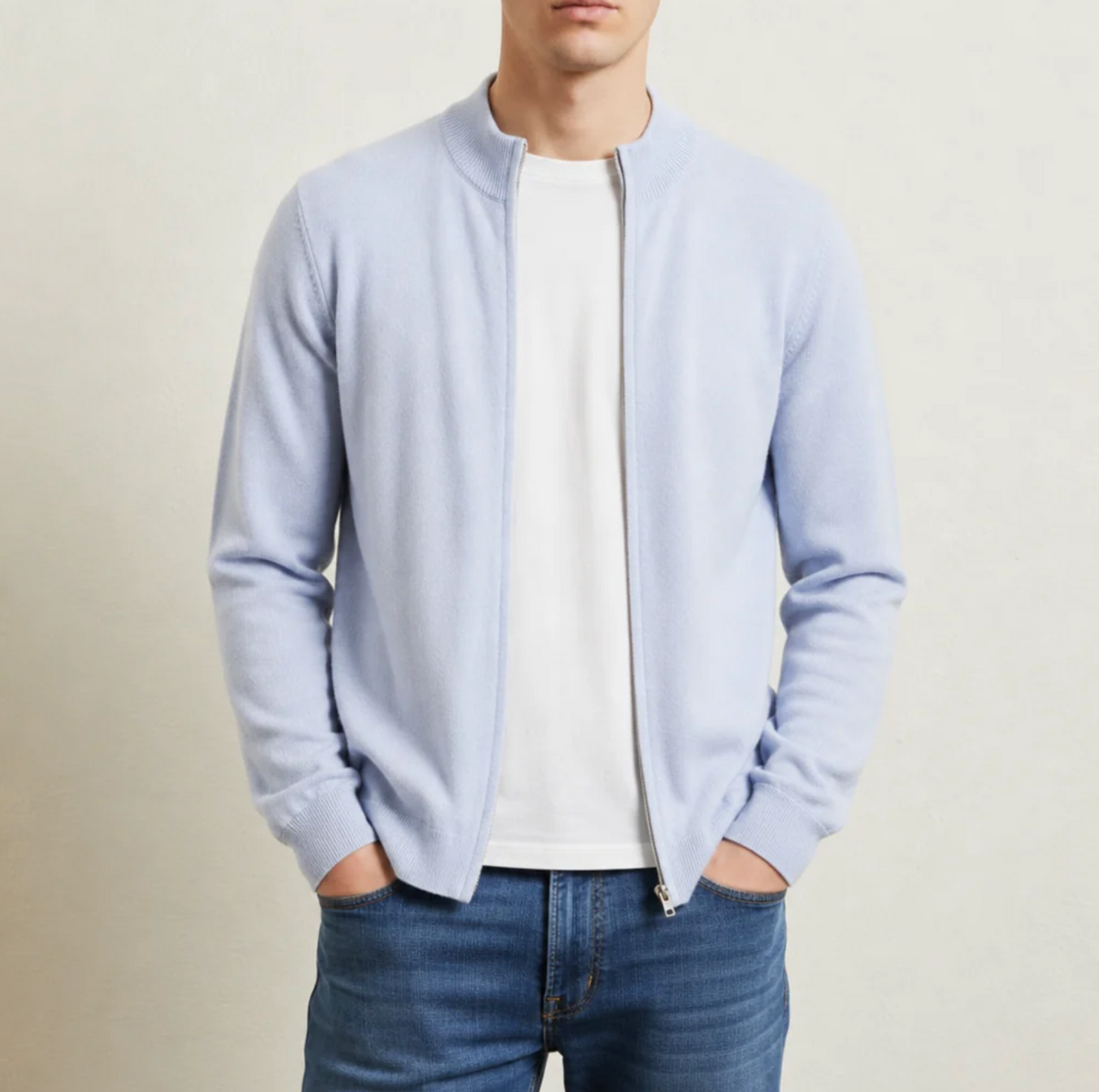 Leandro | Men's Cashmere Blend Zip Cardigan with Ribbed Stand Collar & Fine-Gauge Knit