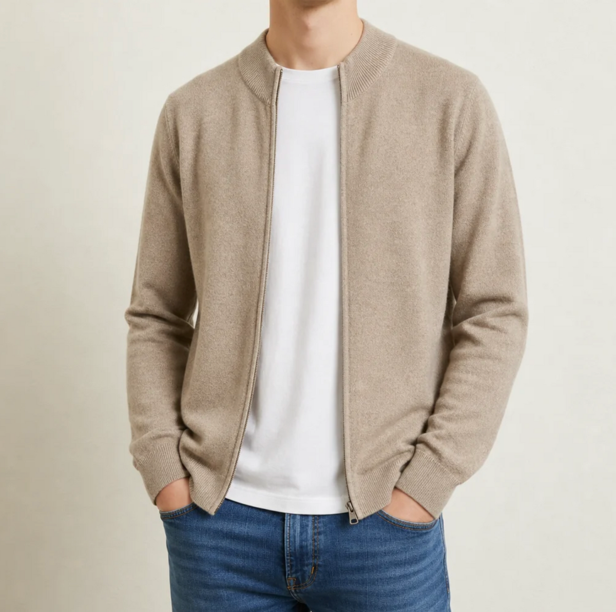 Leandro | Men's Cashmere Blend Zip Cardigan with Ribbed Stand Collar & Fine-Gauge Knit