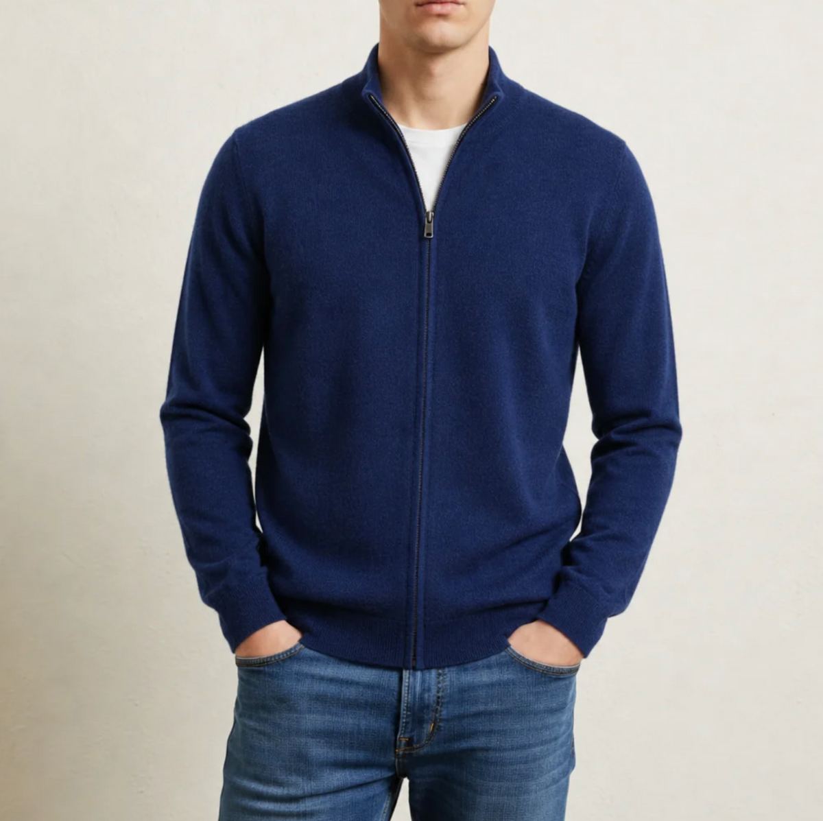 Leandro | Men's Cashmere Blend Zip Cardigan with Ribbed Stand Collar & Fine-Gauge Knit