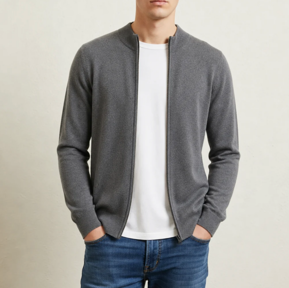 Leandro | Men's Cashmere Blend Zip Cardigan with Ribbed Stand Collar & Fine-Gauge Knit