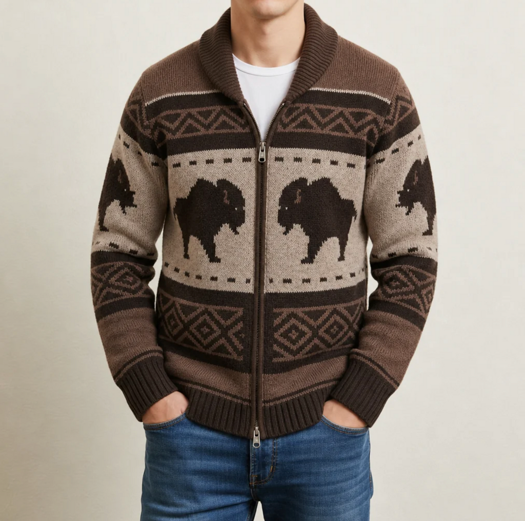 Tavian | Men's Bison Jacquard Zip Cardigan with Shawl Collar & Wool-Cotton Blend