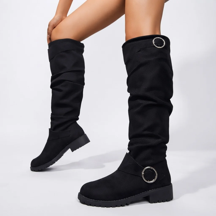 Camille | Women’s Relaxed Slouchy Over-the-Knee Boots with Buckle Strap & Low Block Heel