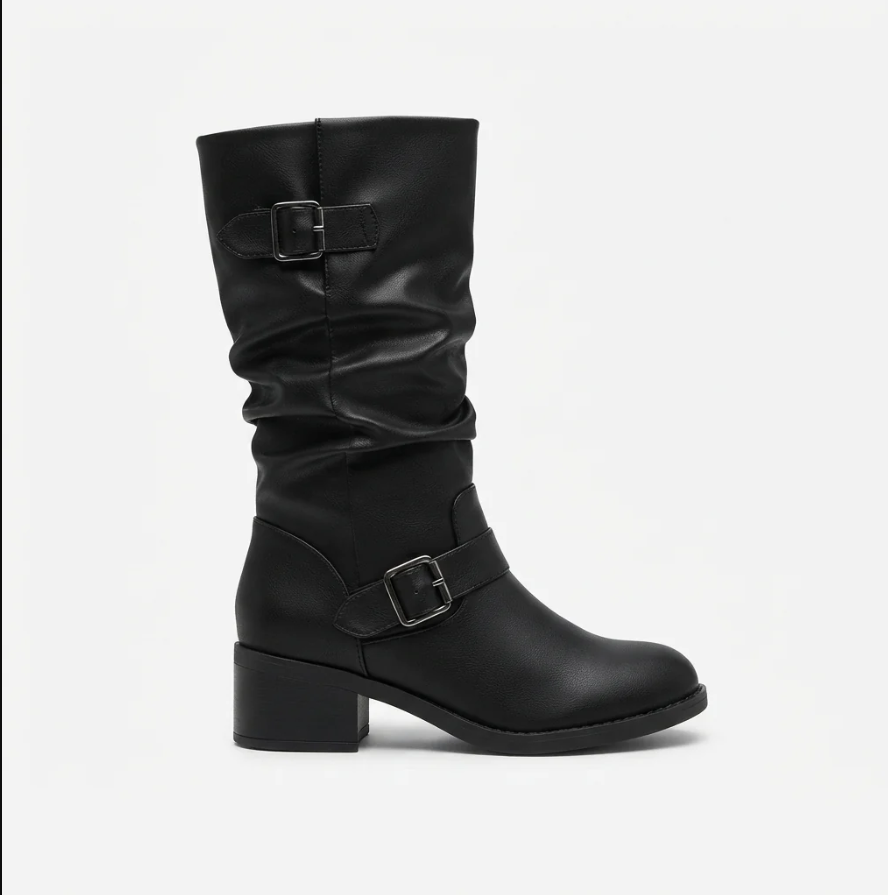 Elara | Women’s Heeled Knee-High Slouch Boots with Buckle Straps & Block Heel
