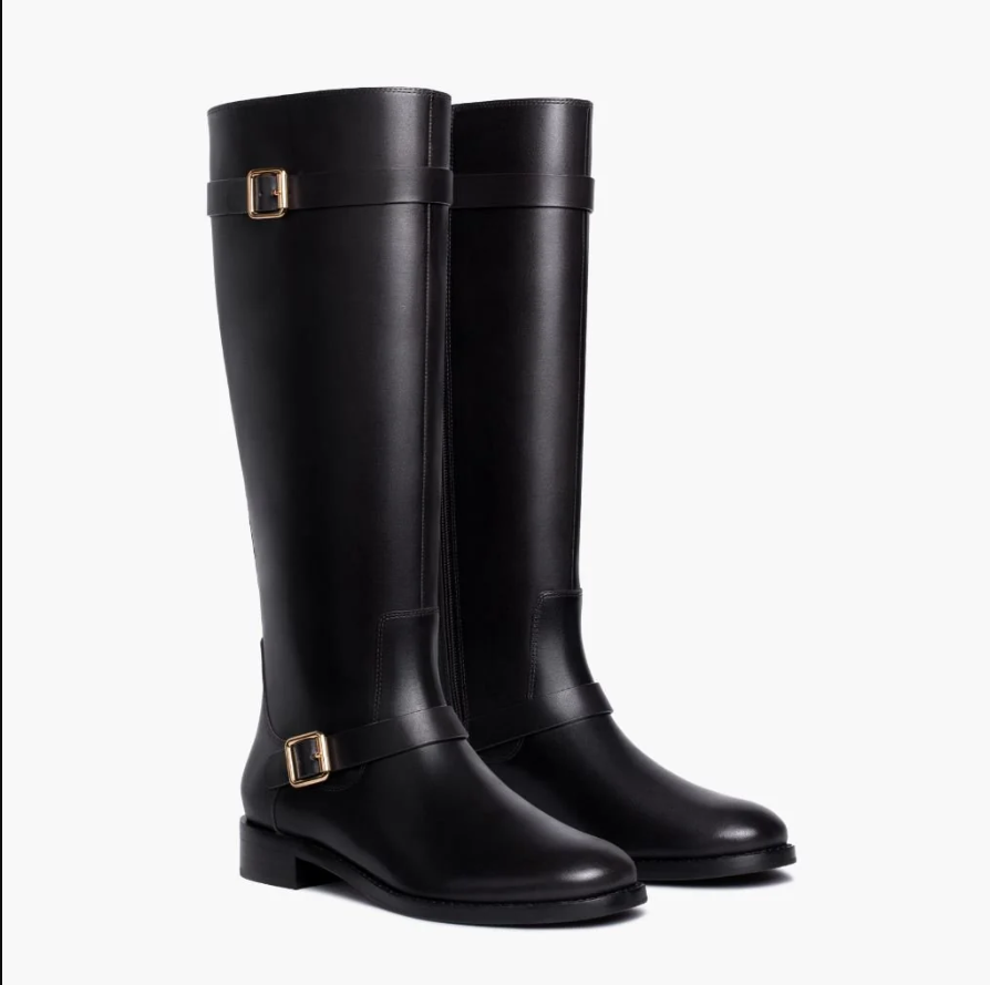 Amelie | Women’s Wide Calf Knee-High Leather Riding Boots with Gold Buckle Straps