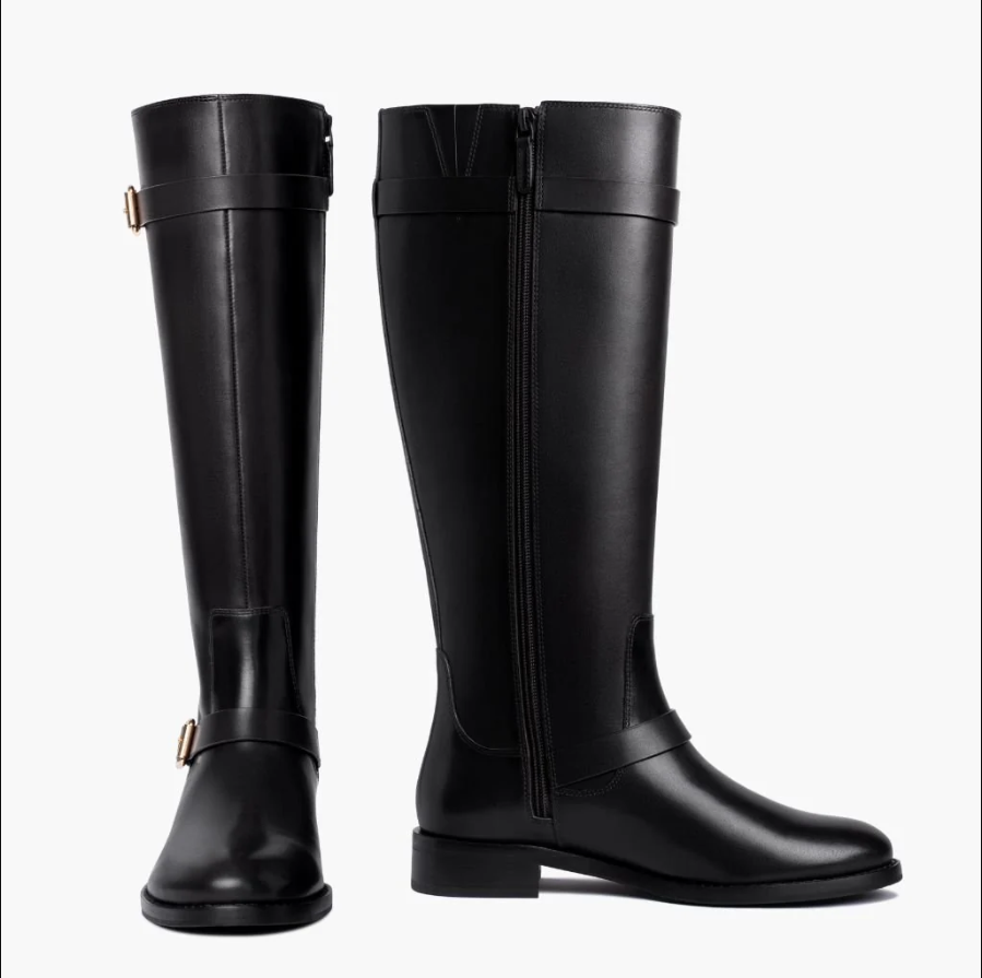 Amelie | Women’s Wide Calf Knee-High Leather Riding Boots with Gold Buckle Straps