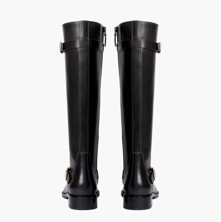 Amelie | Women’s Wide Calf Knee-High Leather Riding Boots with Gold Buckle Straps