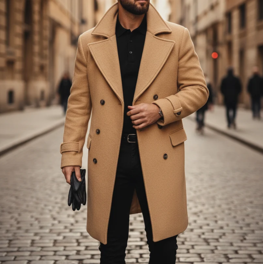 Alistair | Men’s Classic Wool-Blend Double-Breasted Long Coat with Notched Lapels