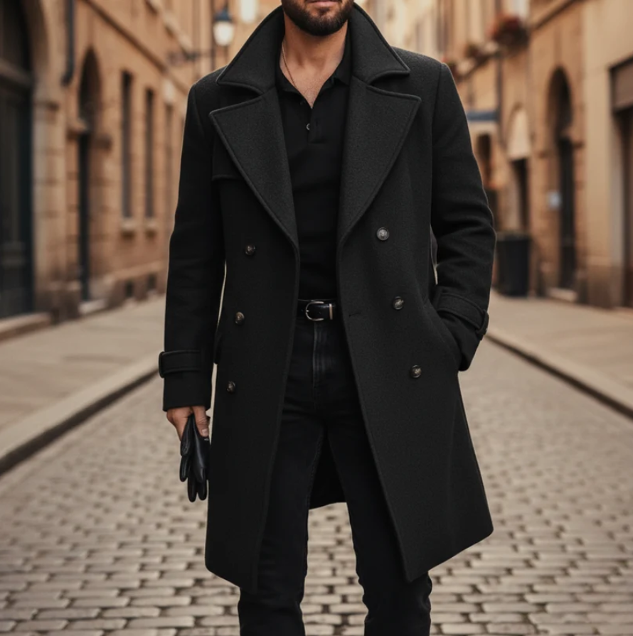 Alistair | Men’s Classic Wool-Blend Double-Breasted Long Coat with Notched Lapels