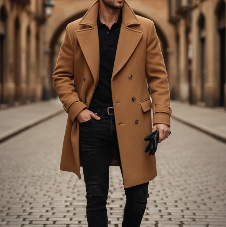 Alistair | Men’s Classic Wool-Blend Double-Breasted Long Coat with Notched Lapels