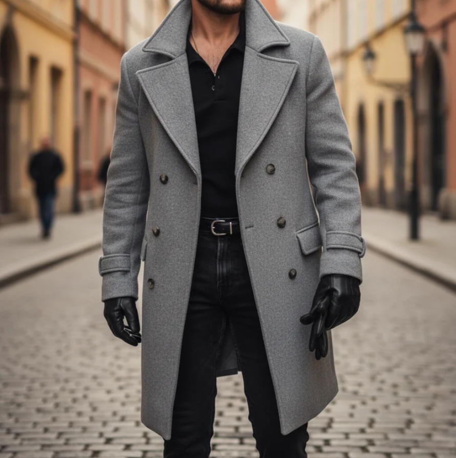 Alistair | Men’s Classic Wool-Blend Double-Breasted Long Coat with Notched Lapels