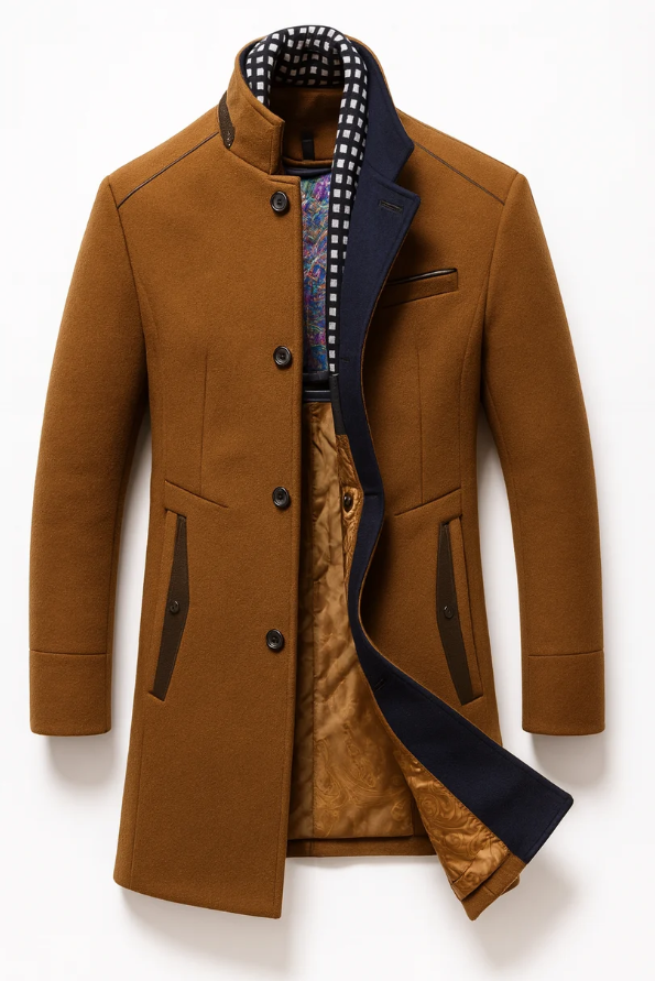 Lucien | Men’s Colorblock Wool Overcoat with Raised Collar & Inner Scarf Detail