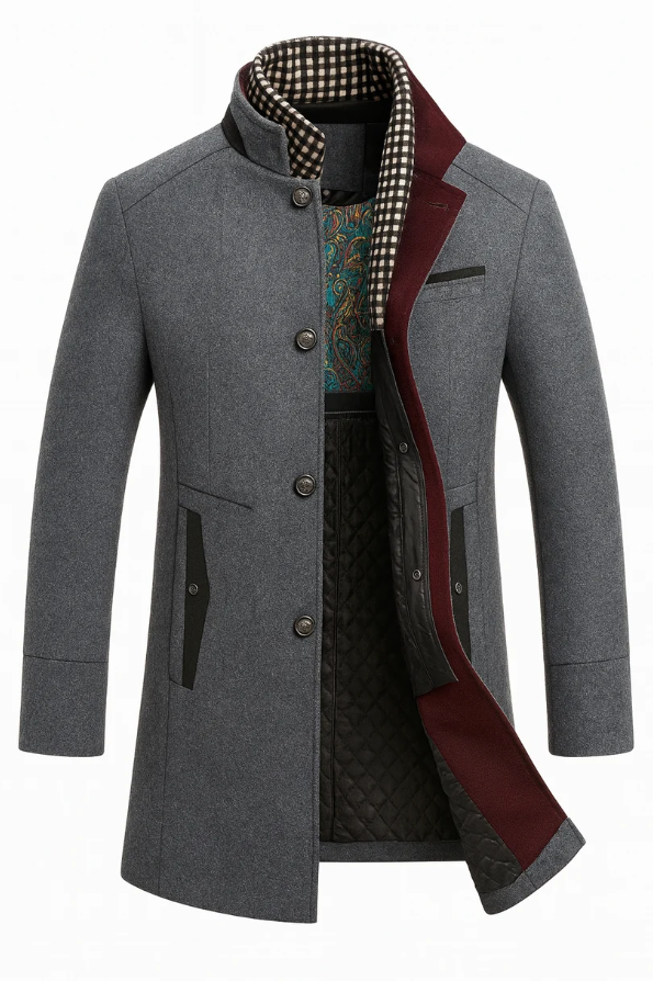 Lucien | Men’s Colorblock Wool Overcoat with Raised Collar & Inner Scarf Detail
