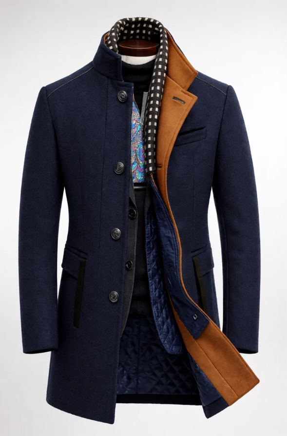 Lucien | Men’s Colorblock Wool Overcoat with Raised Collar & Inner Scarf Detail
