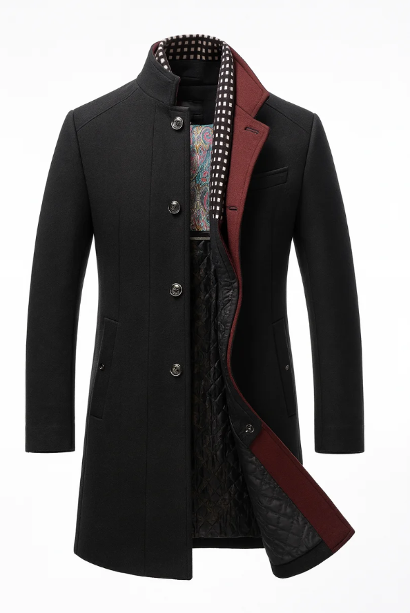 Lucien | Men’s Colorblock Wool Overcoat with Raised Collar & Inner Scarf Detail