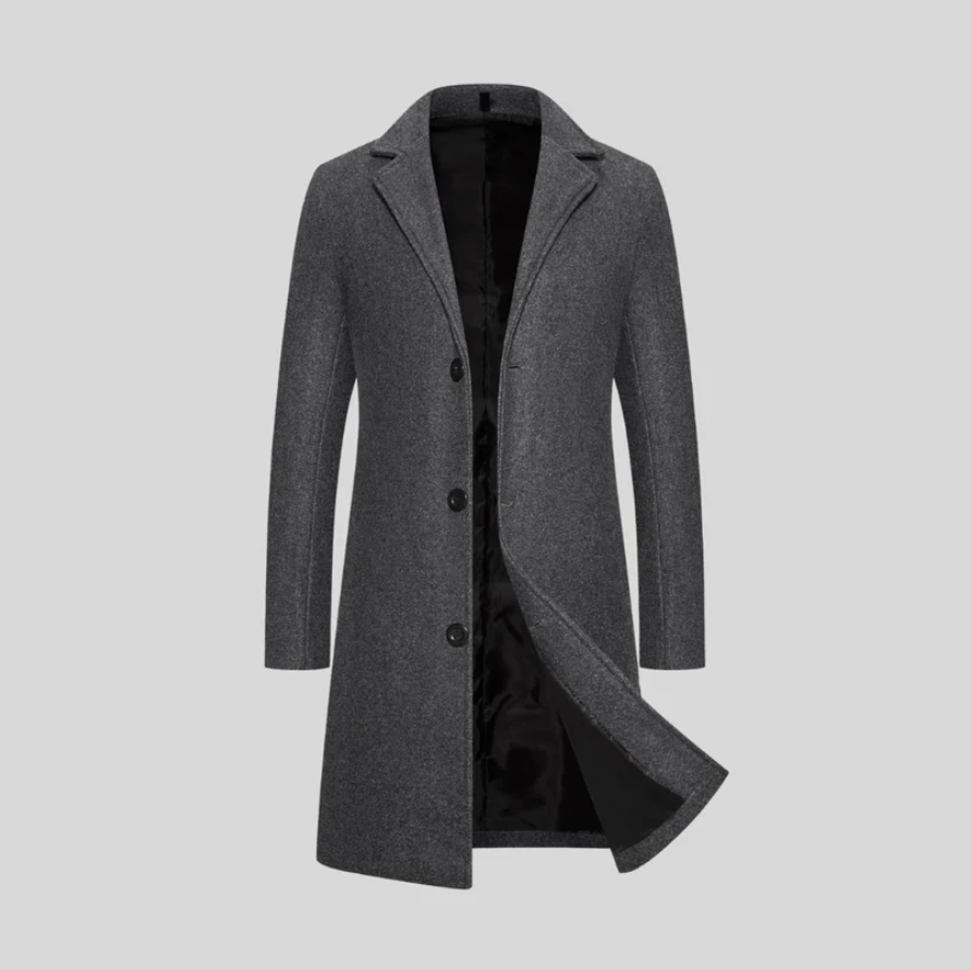 Evander | Men’s Elegant Long Wool-Blend Coat with Tailored Lapel Collar