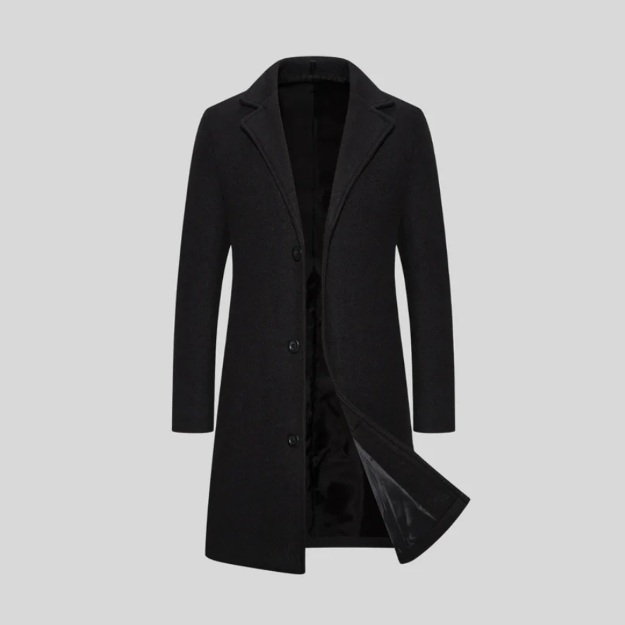 Evander | Men’s Elegant Long Wool-Blend Coat with Tailored Lapel Collar