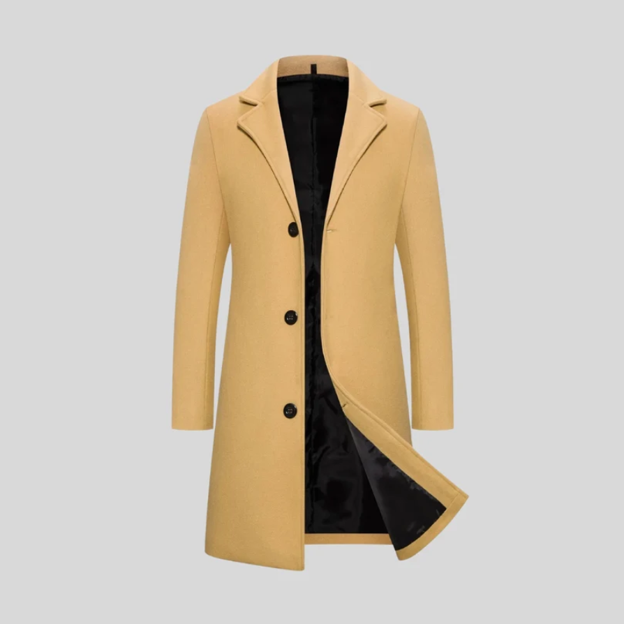 Evander | Men’s Elegant Long Wool-Blend Coat with Tailored Lapel Collar