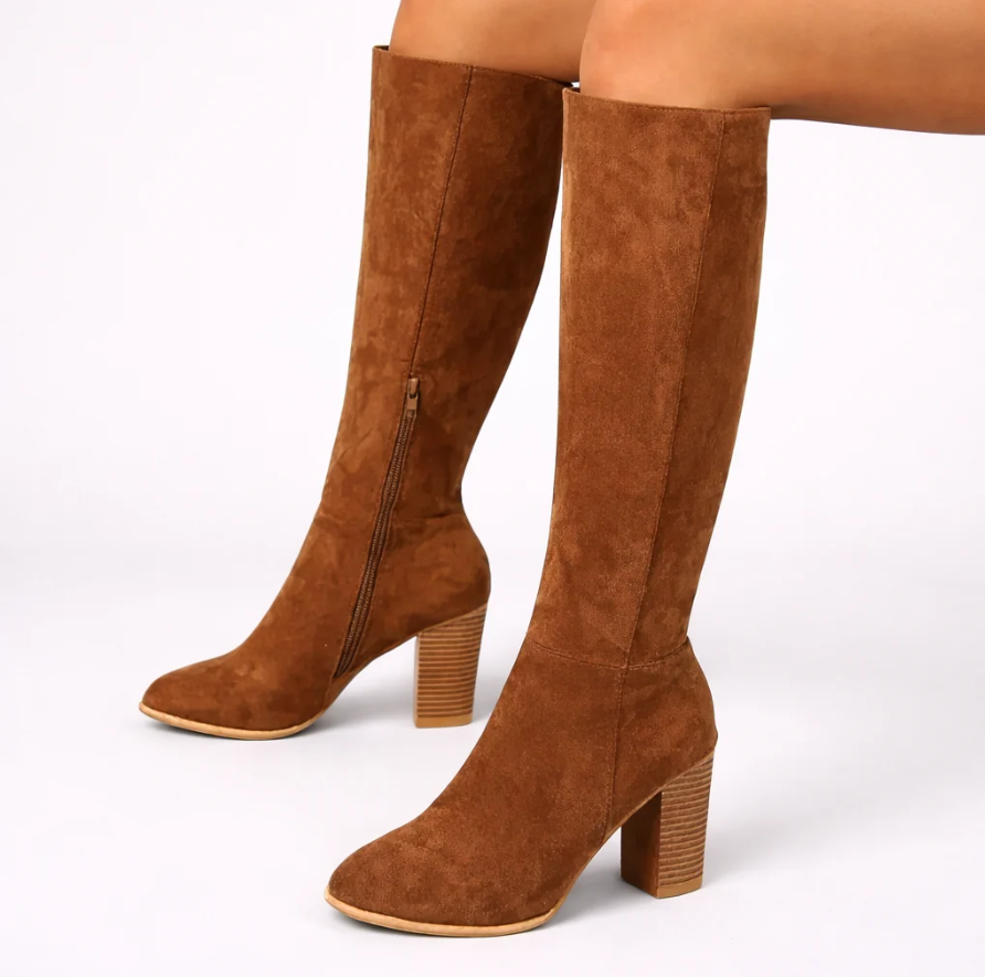 Elara | Women's Elegant Suede-Look Knee-High Boots – Classic Block Heel Tall Boots