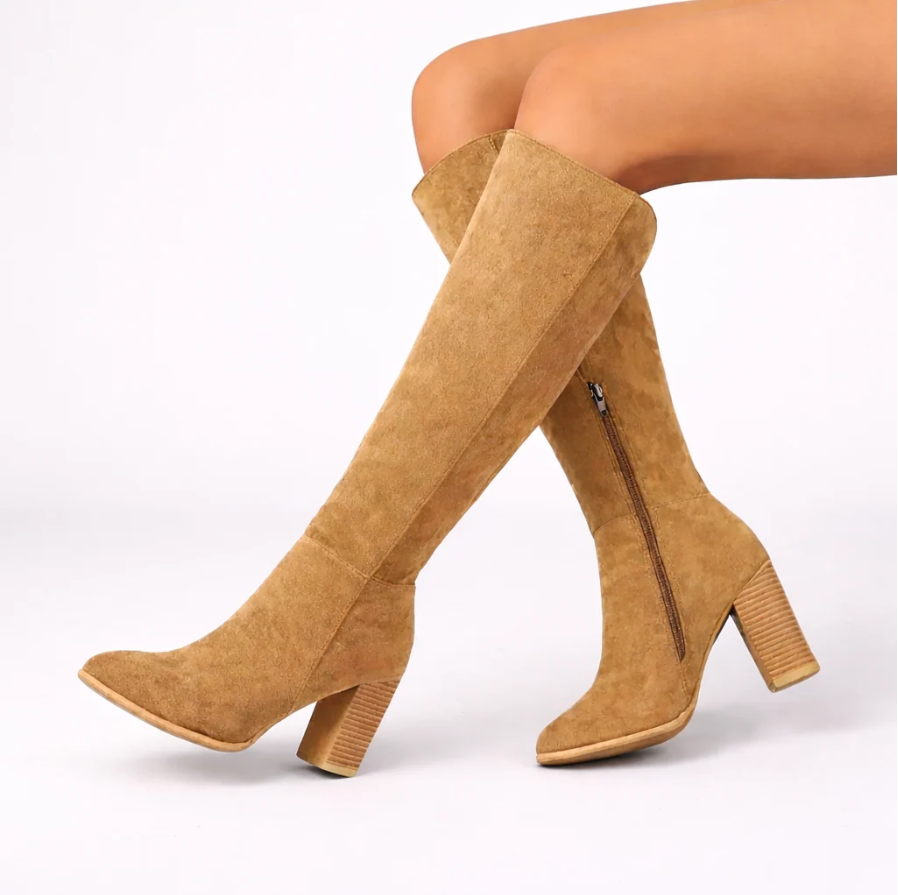 Elara | Women's Elegant Suede-Look Knee-High Boots – Classic Block Heel Tall Boots