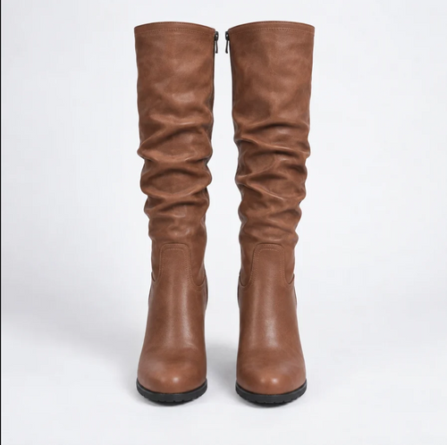 Adeline | Women's Brown Vegan Leather Knee-High Boots – Elegant Chunky Block Heel Tall Boots