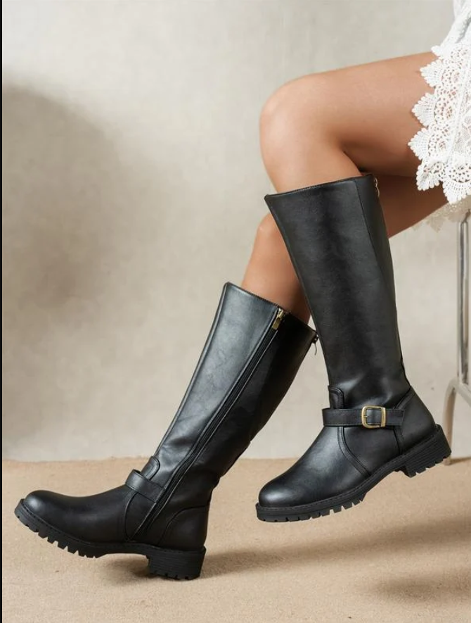 Seraphina | Women's Classic Knee-High Riding Boots – Buckle Strap & Chunky Lug Sole