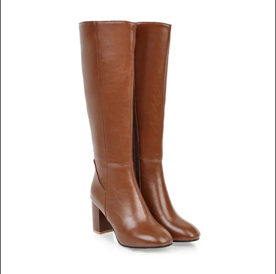 Camille | Women's Elegant Heeled Knee-High Boots – Classic Side-Zip Block Heel Tall Boots