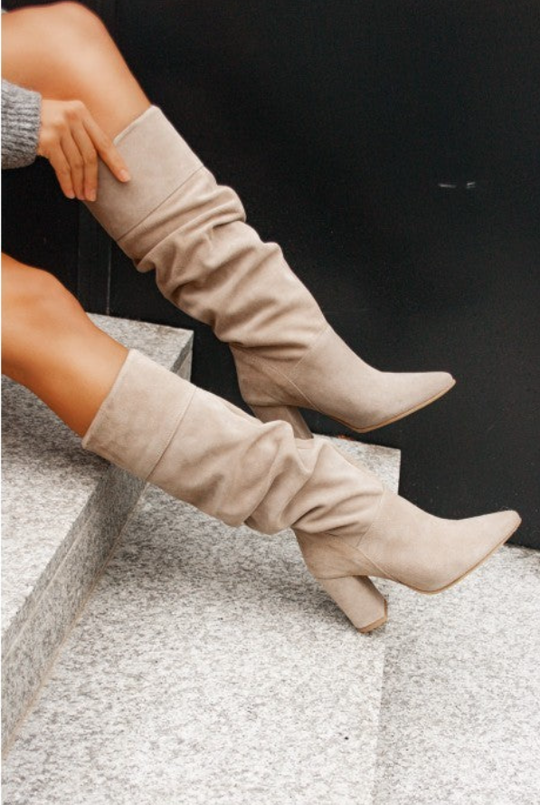 Valentina | Women's Suede Knee-High Boots – Elegant Slouch Detail & Block Heel Tall Boots
