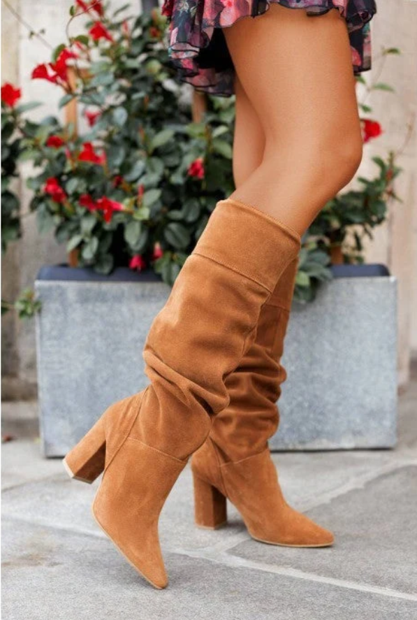 Valentina | Women's Suede Knee-High Boots – Elegant Slouch Detail & Block Heel Tall Boots