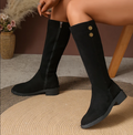 Evelina | Women's Suede Knee-High Flat Boots – Elegant Gold Button Detail Tall Boots