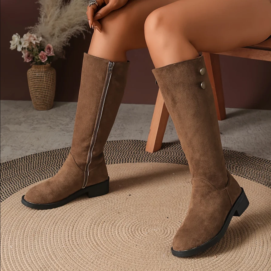 Evelina | Women's Suede Knee-High Flat Boots – Elegant Gold Button Detail Tall Boots