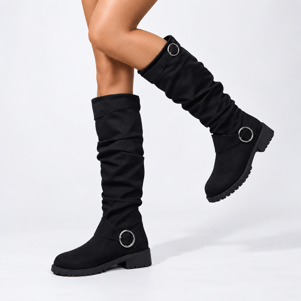 Camille | Women’s Relaxed Slouchy Over-the-Knee Boots with Buckle Strap & Low Block Heel