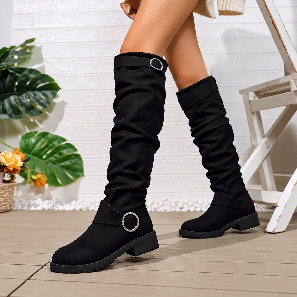 Elowen | Women's Slouch Knee-High Boots with Buckle Detail & Comfortable Block Heel