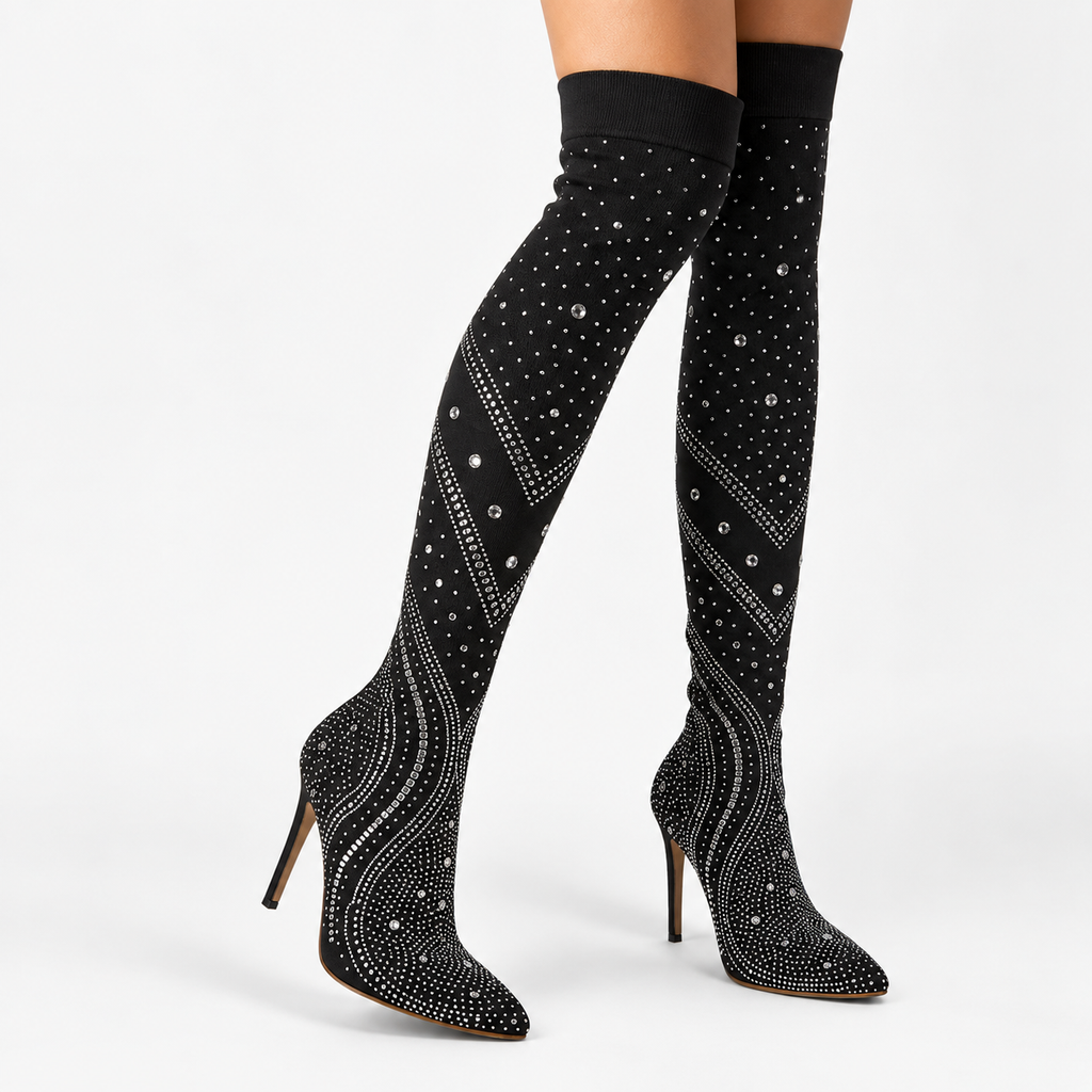 Celestine | Women’s Rhinestone Over-the-Knee Stiletto Boots with Pointed Toe