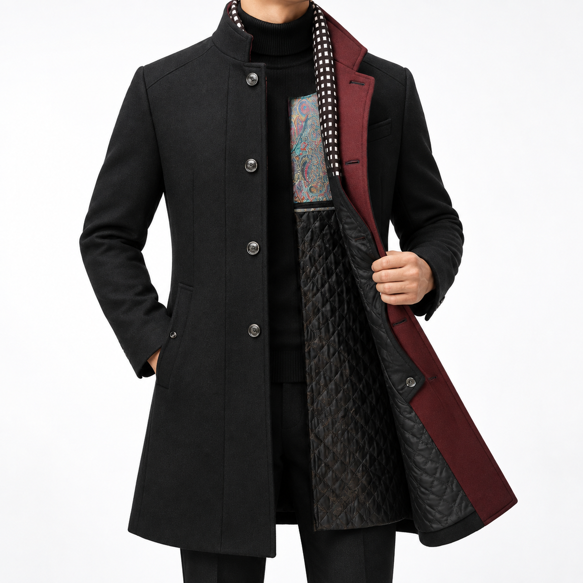 Lucien | Men’s Colorblock Wool Overcoat with Raised Collar & Inner Scarf Detail