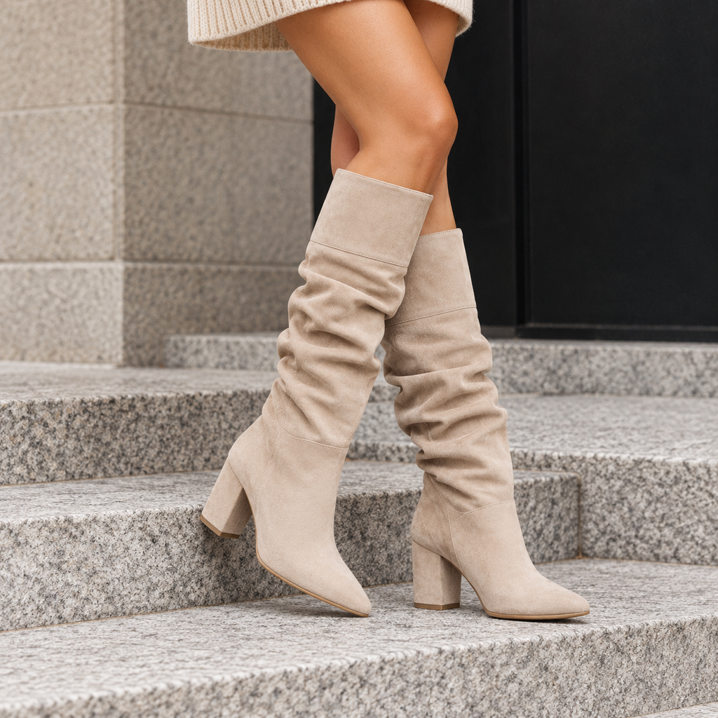 Valentina | Women's Suede Knee-High Boots – Elegant Slouch Detail & Block Heel Tall Boots