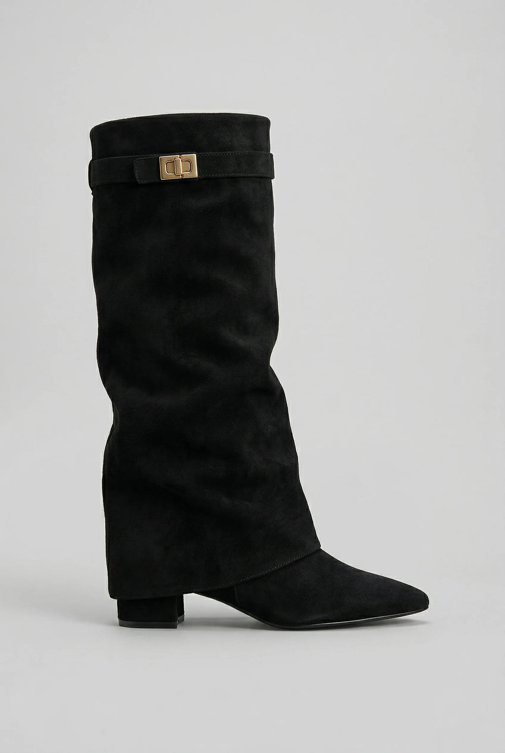 Evelisse | Women’s Suede-Effect Slouchy Knee-High Boots with Gold Buckle & Block Heel