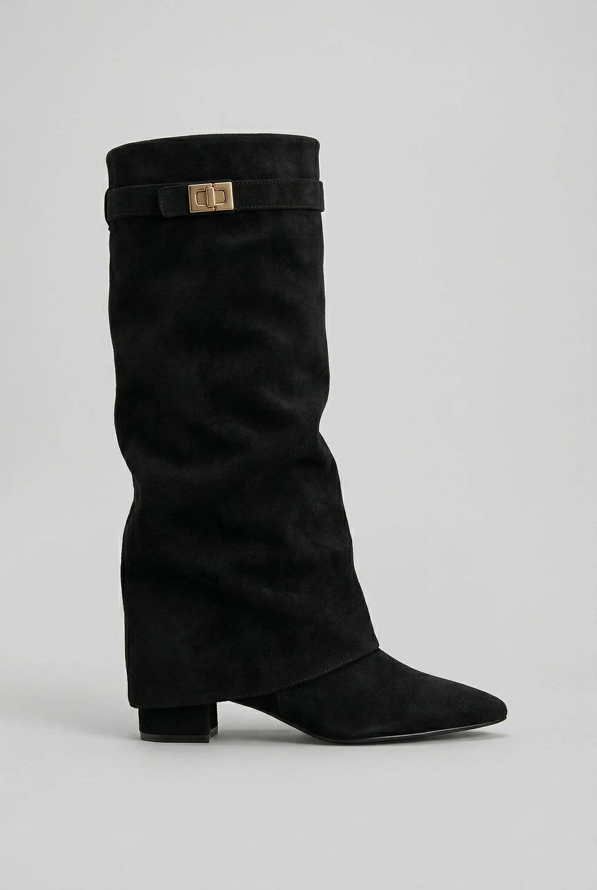 Evelisse | Women’s Suede-Effect Slouchy Knee-High Boots with Gold Buckle & Block Heel