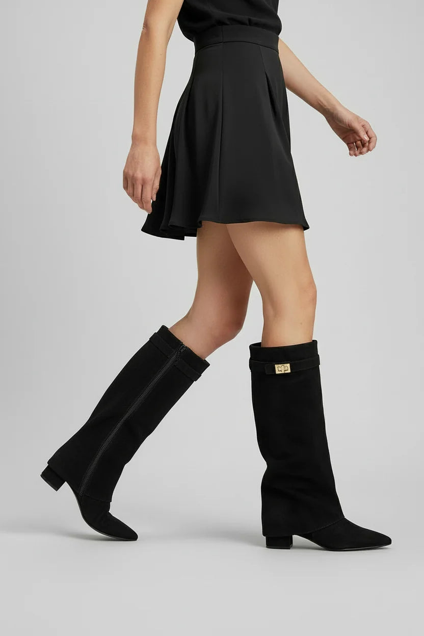 Evelisse | Women’s Suede-Effect Slouchy Knee-High Boots with Gold Buckle & Block Heel