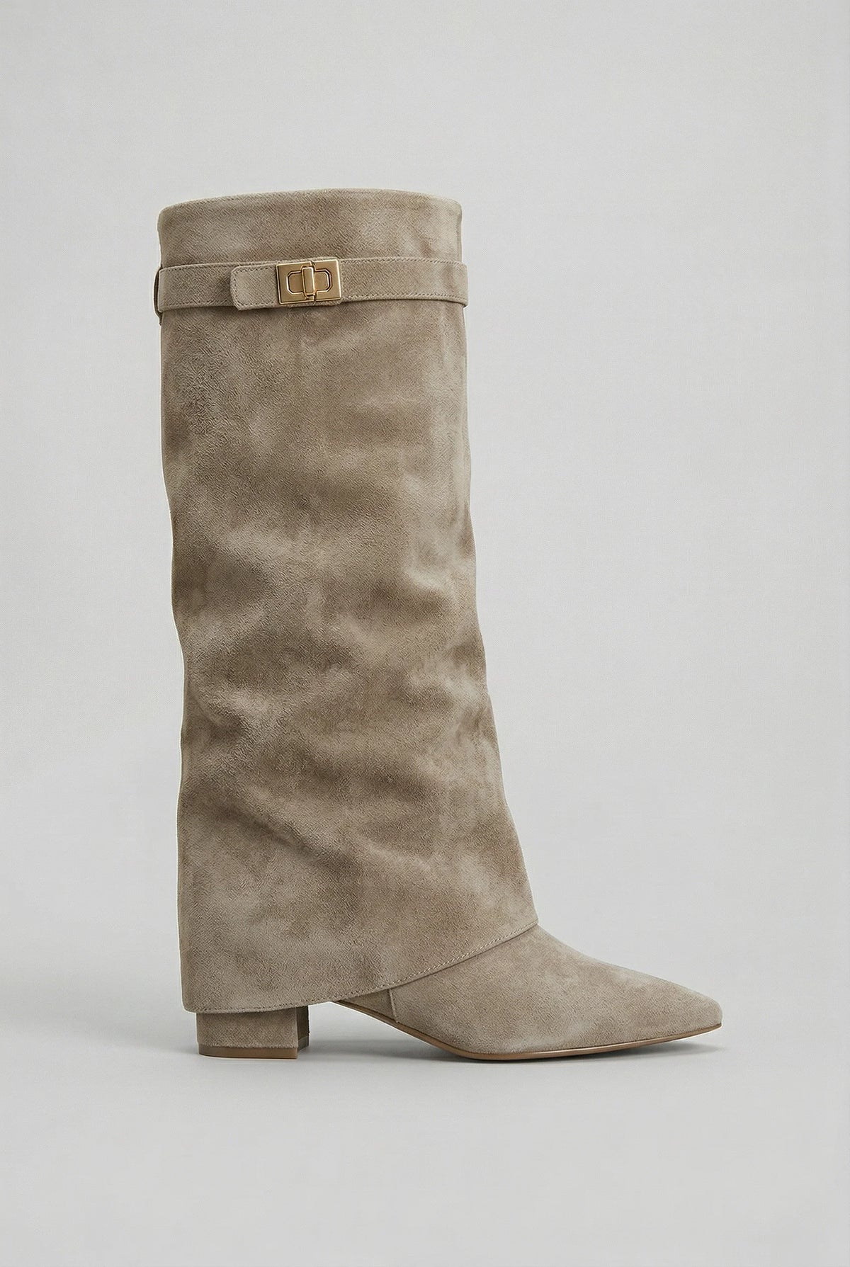 Evelisse | Women’s Suede-Effect Slouchy Knee-High Boots with Gold Buckle & Block Heel