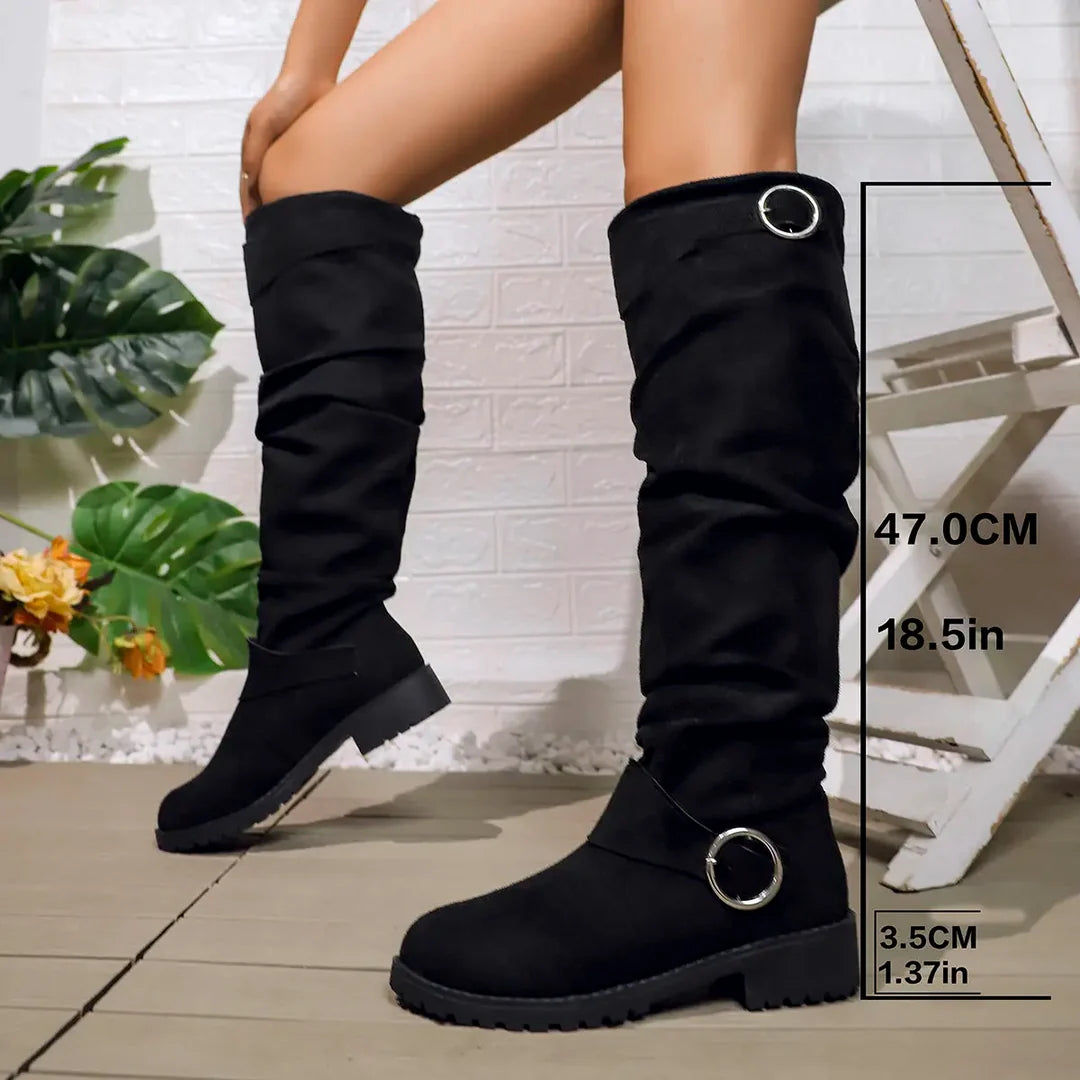 Elowen | Women's Slouch Knee-High Boots with Buckle Detail & Comfortable Block Heel