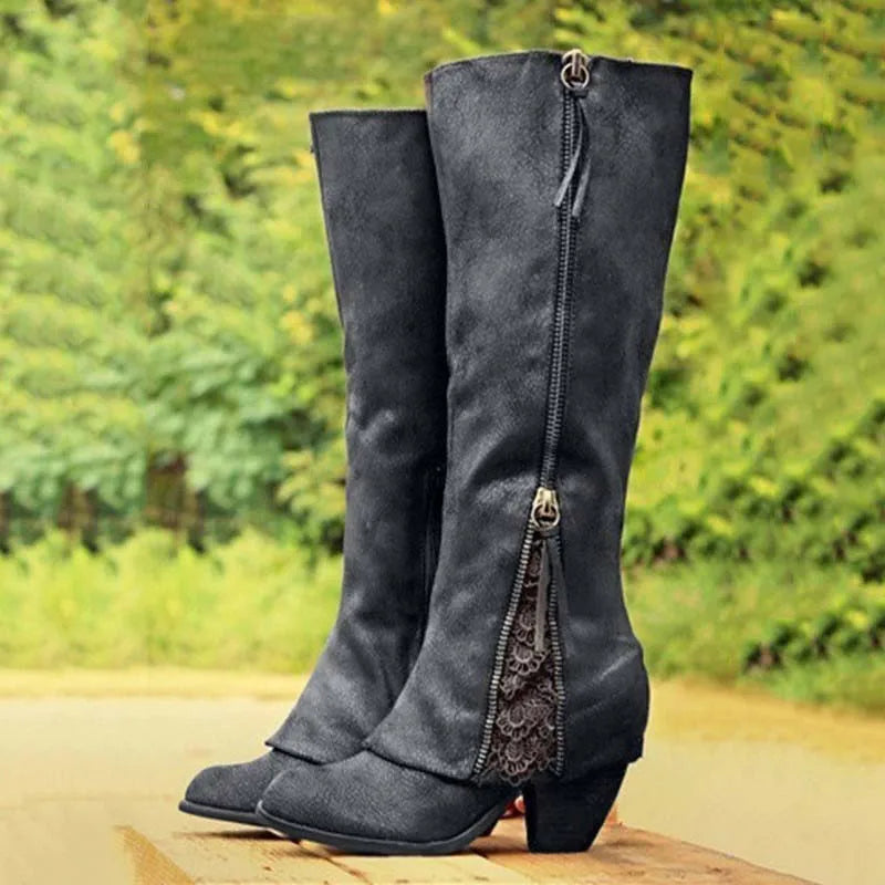 Evelina | Women's Knee-High Boots with Lace Detail, Side Zip & Block Heel