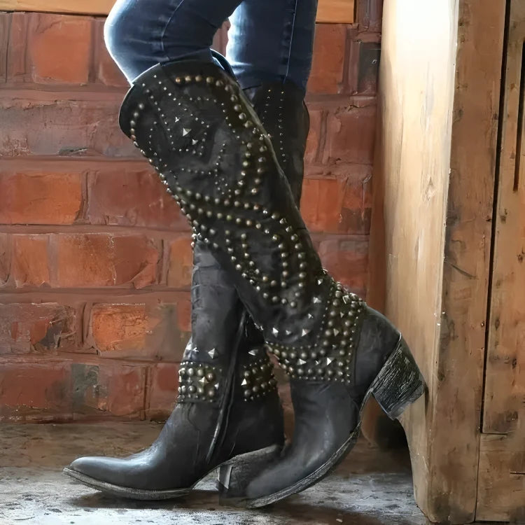 Sorelle | Women's Studded Western Knee-High Boots with Pointed Toe & Block Heel