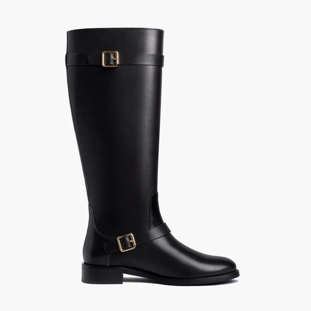 Rosamund | Women’s Wide Calf Knee-High Leather Riding Boots with Gold Buckle Straps