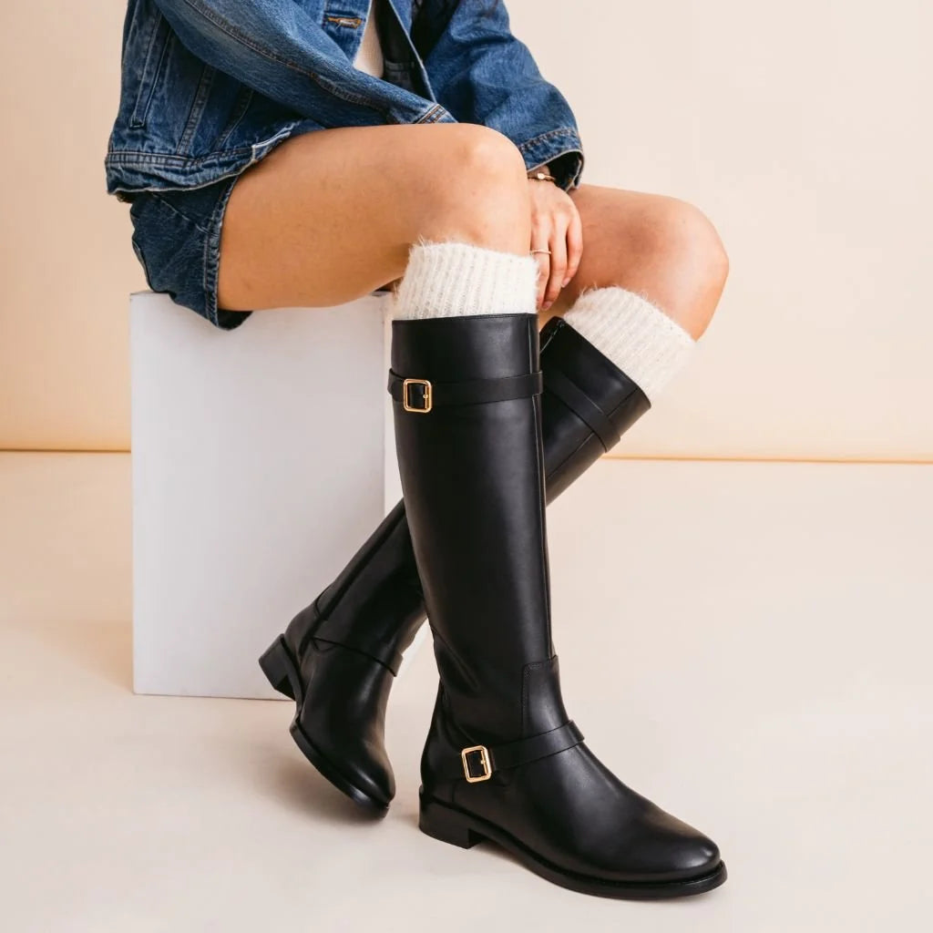 Rosamund | Women’s Wide Calf Knee-High Leather Riding Boots with Gold Buckle Straps