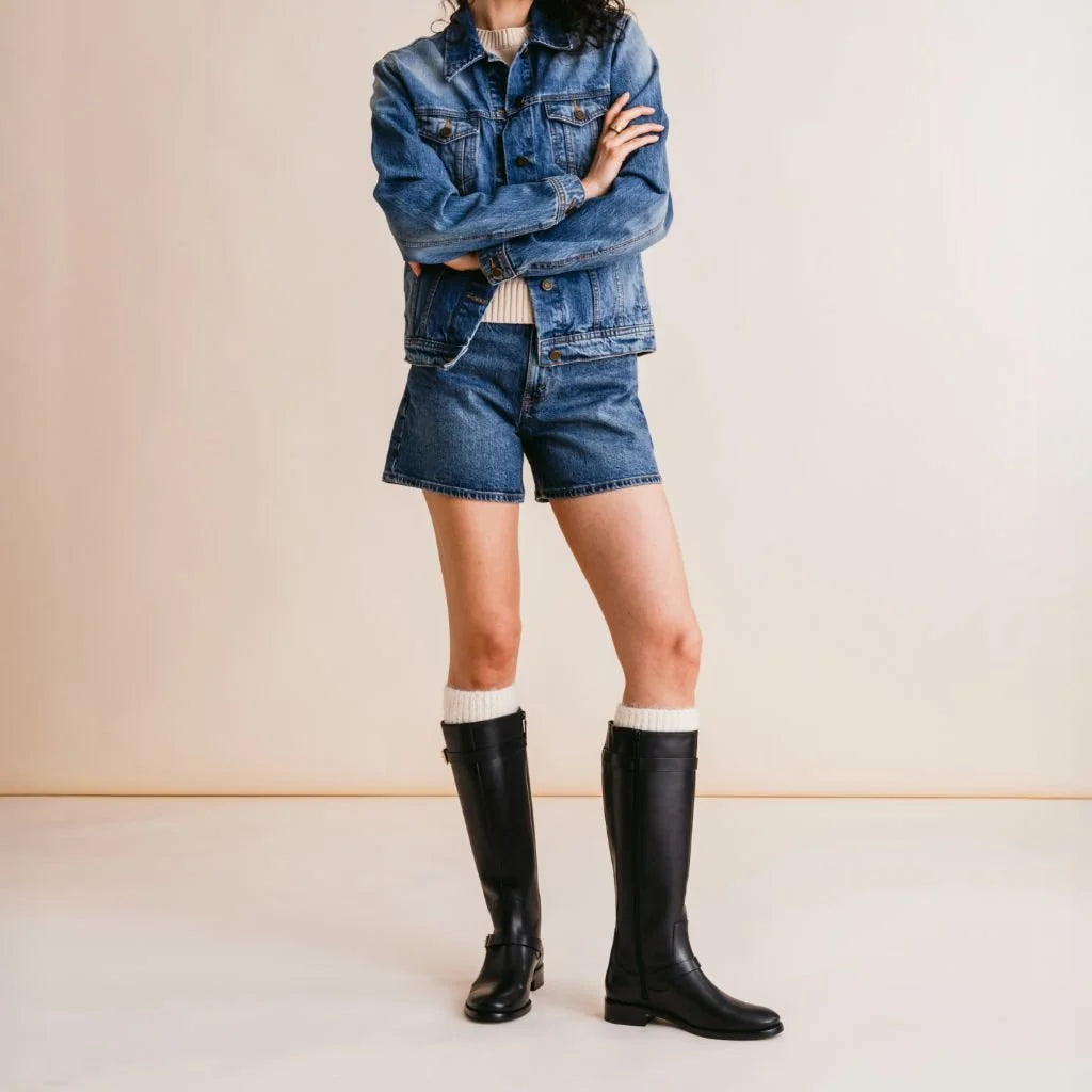 Rosamund | Women’s Wide Calf Knee-High Leather Riding Boots with Gold Buckle Straps