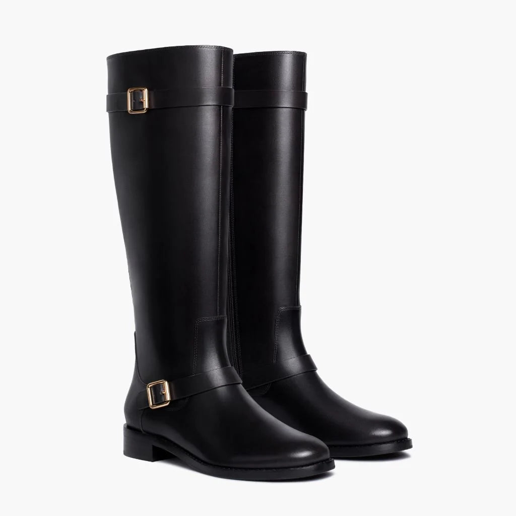 Rosamund | Women’s Wide Calf Knee-High Leather Riding Boots with Gold Buckle Straps