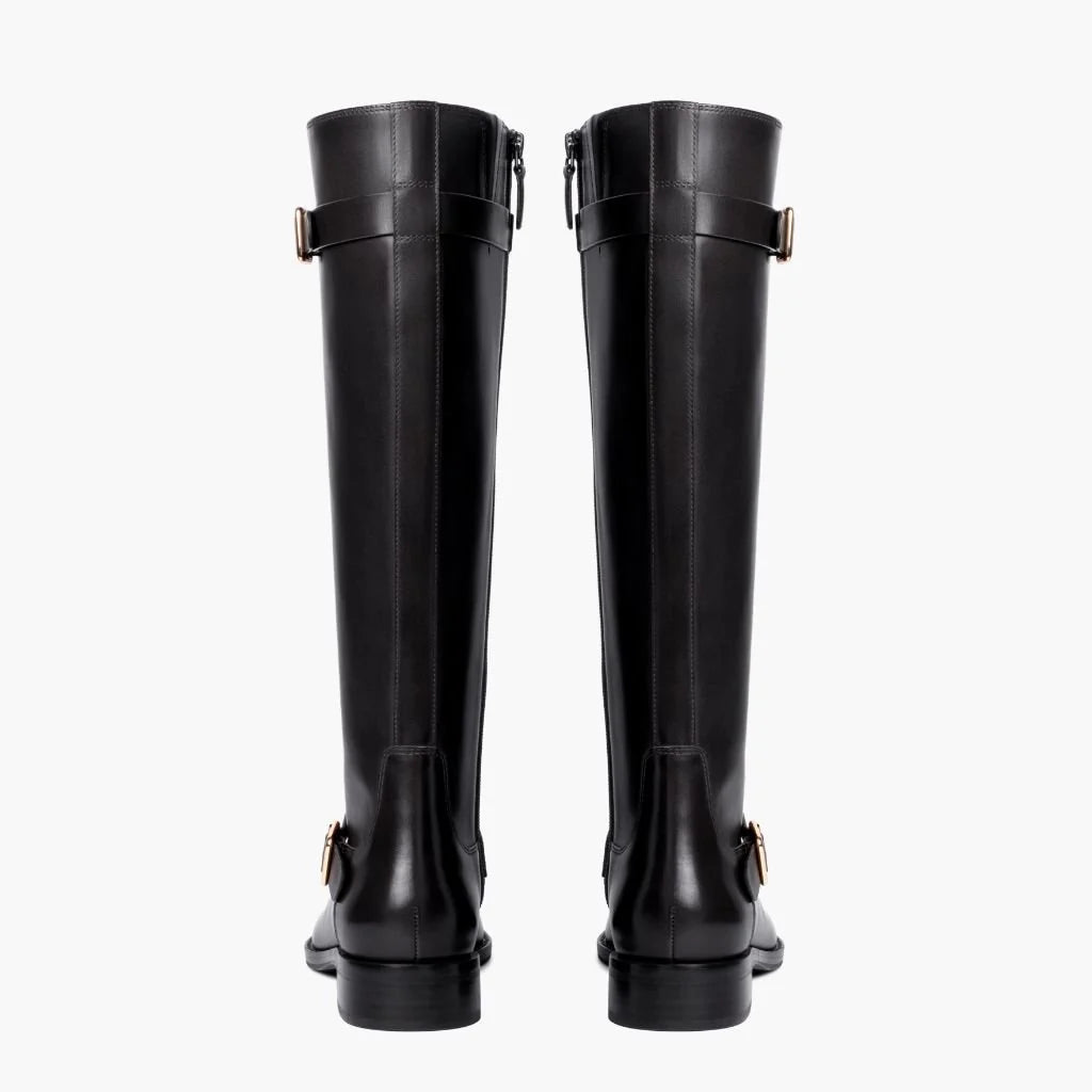 Rosamund | Women’s Wide Calf Knee-High Leather Riding Boots with Gold Buckle Straps