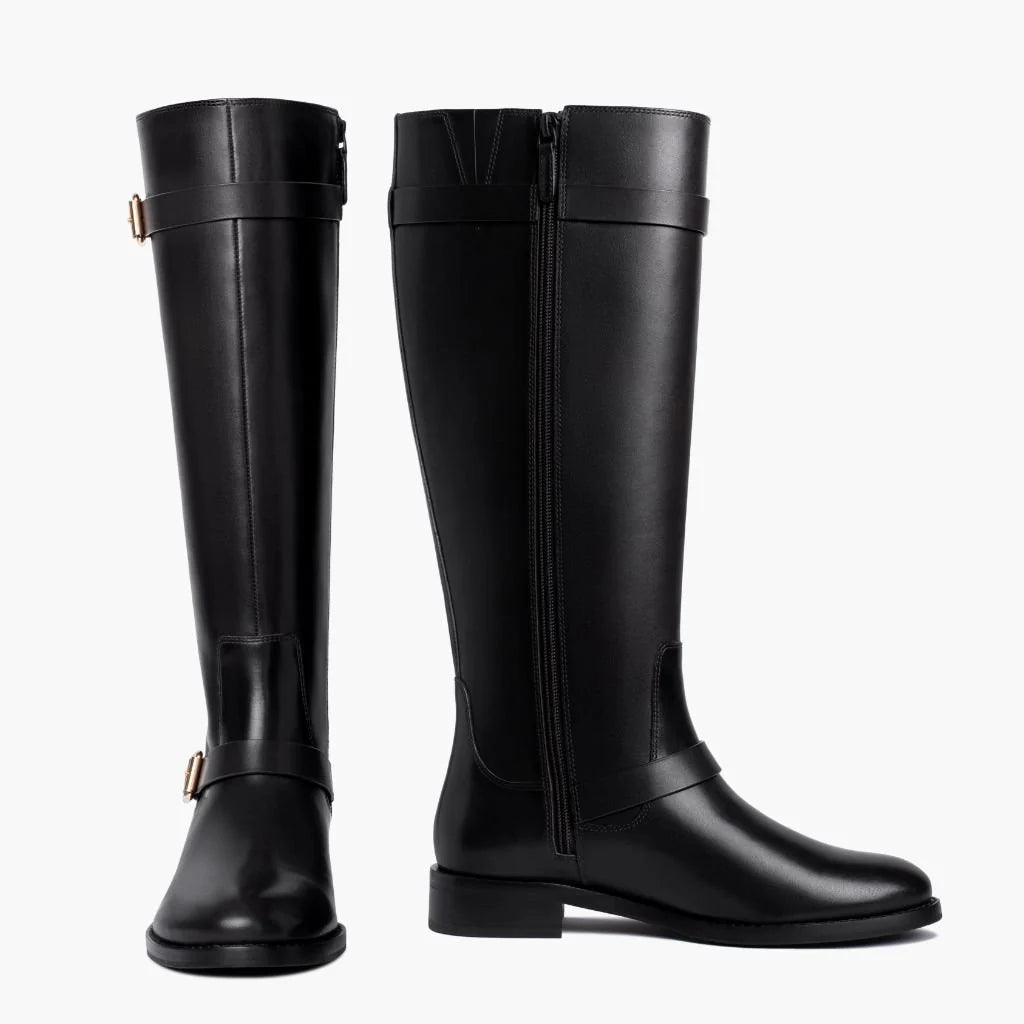 Rosamund | Women’s Wide Calf Knee-High Leather Riding Boots with Gold Buckle Straps